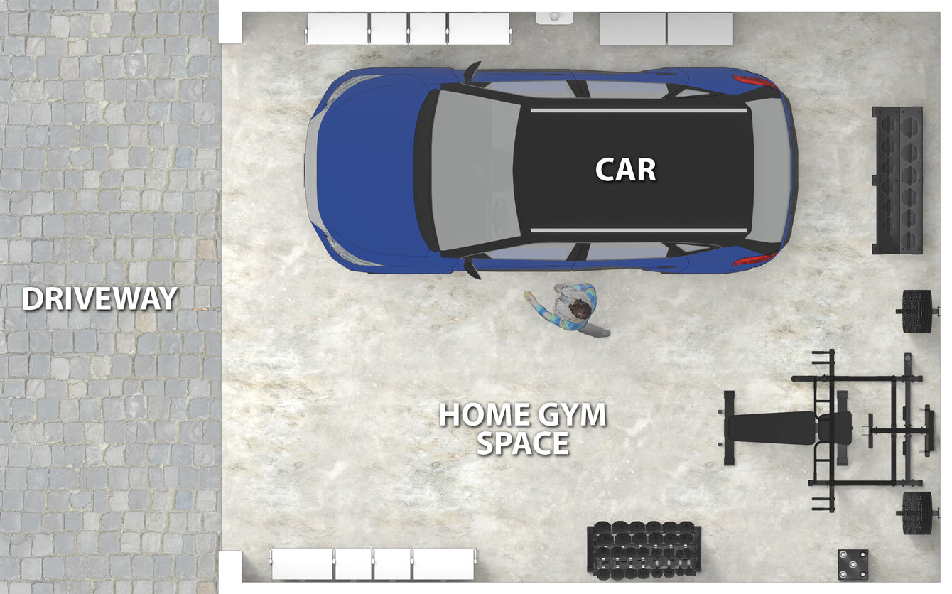a garage with a car on one side, and a weightlifting gym setup on  the other side