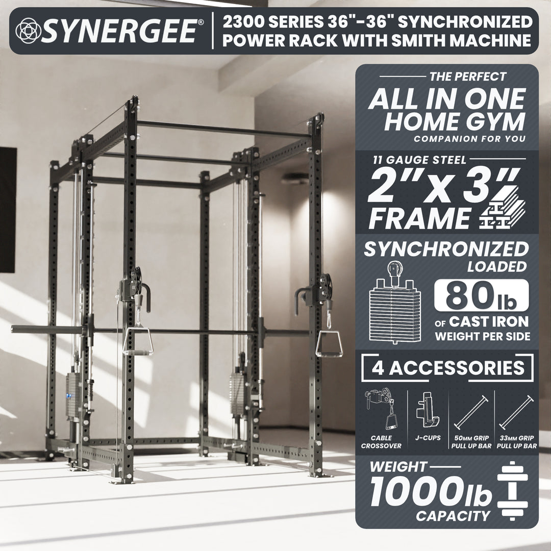 Synergee 2300 Series Power Cage with Synchronized Loaded Cable Cross Overs and Smith Machine