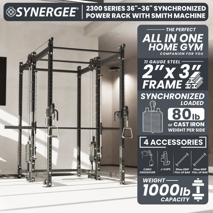 Synergee 2300 Series Power Cage with Synchronized Loaded Cable Cross Overs and Smith Machine